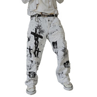 Jean large déchiré pour homme style grunge, patchwork multicouche brodé, taille mi-haute, délavé, pour hiver et automne