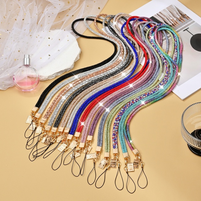 Metal Phone Strap Wrist Lanyard with Detachable Neck Chain Long Anti-Theft Charm Rhinestone & Diamond-Encrusted