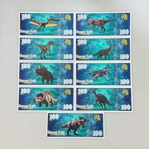 全新 9 件侏罗纪世界恐龙银金箔 100 美元通用印刷纪念钞票 - Product Image 1