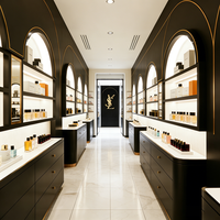 Edgy Luxe Cosmetics Boutique Featuring Tiered Open Shelves, Partial Enclosure Checkout, and Integrated LED Display Shelves
