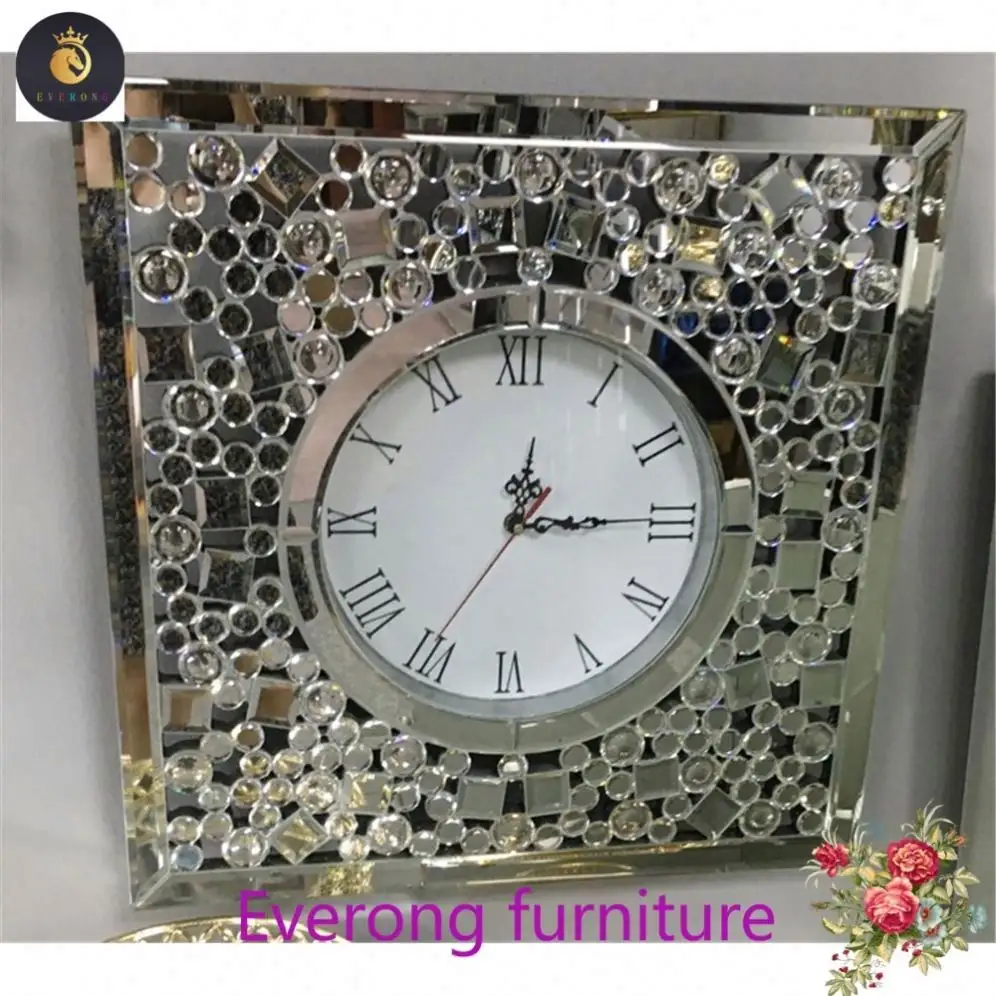 Diamant écrasé miroir horloge diamant écraser brillant moderne mode luxe miroir carré horloge murale pour la maison