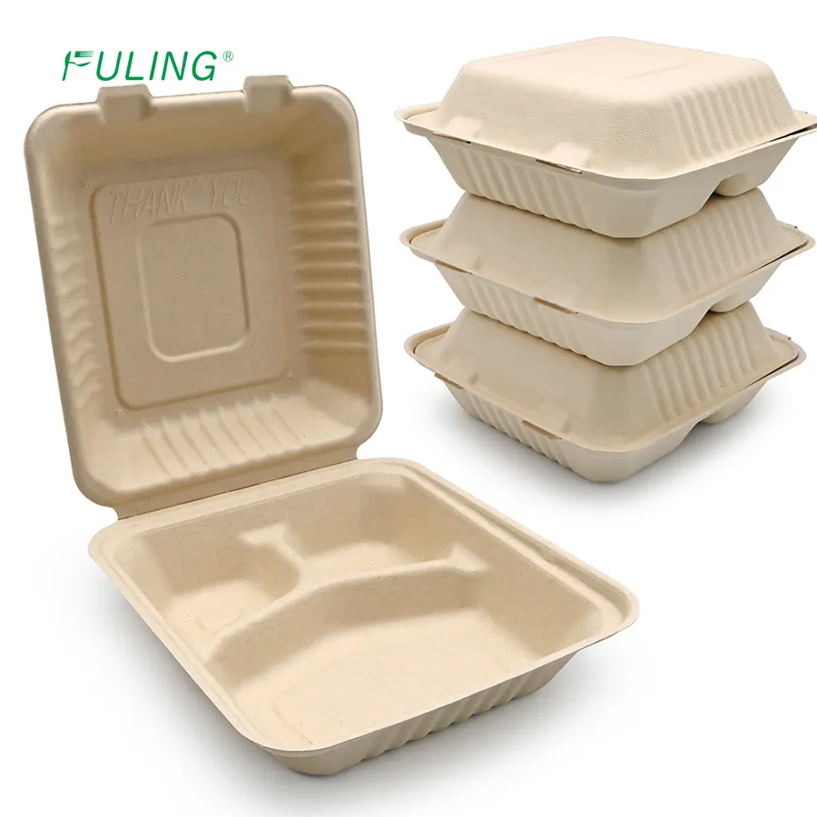 FULING Disposable Sugarcane Food Containers Biodegradable Bagasse Clamshell Lunch Box