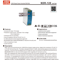 Alimentation électrique universelle à découpage AC-DC Meanwell NDR-120-12 120W 24V 5A, boîtier métallique, montage sur rail DIN, 60Hz 220V/110V