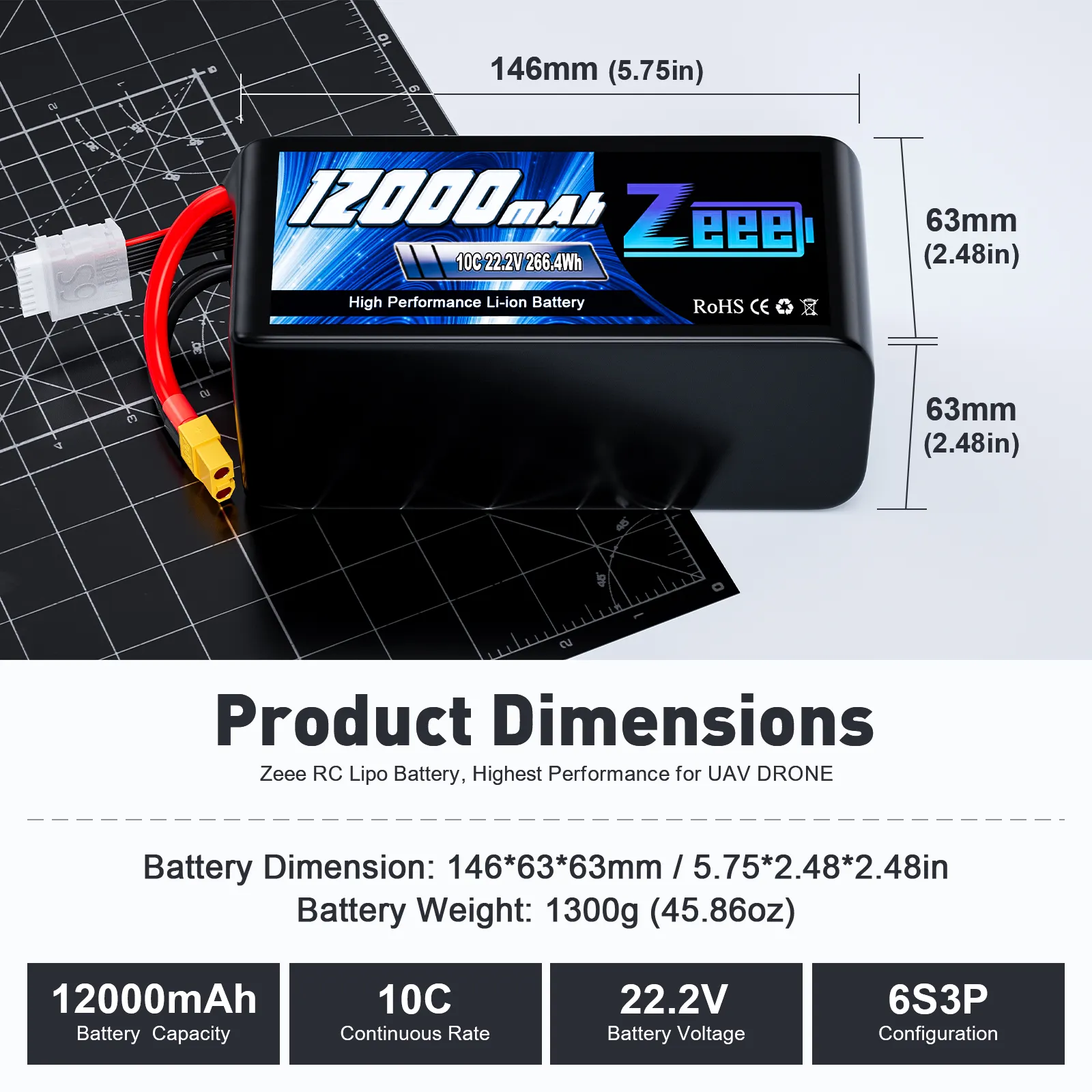 Zeee FPV Drone แบตเตอรี่ 6S3P 22.2V 12000mah 10C XT60 21700 เซลล์ RC แบตเตอรี่สําหรับ RC เรือรถ UAV Drone