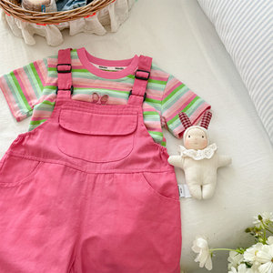Girls Striped T-Shirt Pink Overalls Set Cotton Summer Clothing For Little Girls Two Piece Outfit - Product Image 3