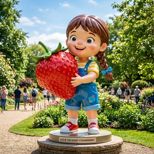 Statue Géante D128 Fille Tenant une Fraise, Sculpture Personnalisée Étanche, Figurine Humaine <span class=keywords><strong>de</strong></span> Dessin Animé pour Parc Communautaire, Place Publique, Villa - Product Image 1