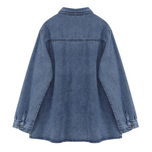 Camicette in denim da <span class=keywords><strong>donna</strong></span> classiche <span class=keywords><strong>autunno</strong></span>/<span class=keywords><strong>inverno</strong></span>, modello regular, tinta unita blu scuro, in popeline traspirante ed ecologico, con chiusura frontale ODM - Product Image 2
