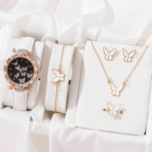 Set Jam Tangan Wanita 5 Buah, Cincin Kupu-kupu, Kalung, Anting, Jam Tangan Berlian Bentuk Hati, Jam Tangan Kasual, Set Gelang - Product Image 6