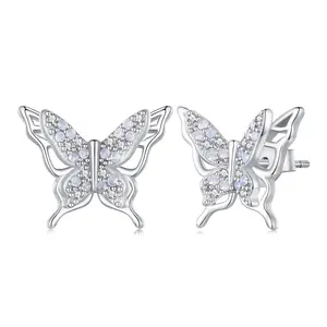 Fine Jewelry 925 Sterling Silver Cubic Zirconia Butterfly Stud Earrings Delicacy Cute Ladies Earrings for Women