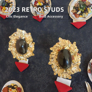 Boucles d'oreilles rétro en diamant pour femmes, aiguille en argent, feuille d'or, grand modèle, ovale noir en alliage, pour les fêtes, les mariages, cadeau - Product Image 4