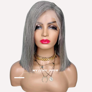 Granny Color <span class=keywords><strong>plata</strong></span> SDD doble dibujado <span class=keywords><strong>corto</strong></span> recto virgen brasileño cabello humano lejía nudos sin pegamento peluca con malla frontal para mujeres - Product Image 6