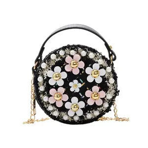 Fashion PU mini purse handbag for kids girl flower pearl decoration metal chain round luxury crossbody shoulder bag