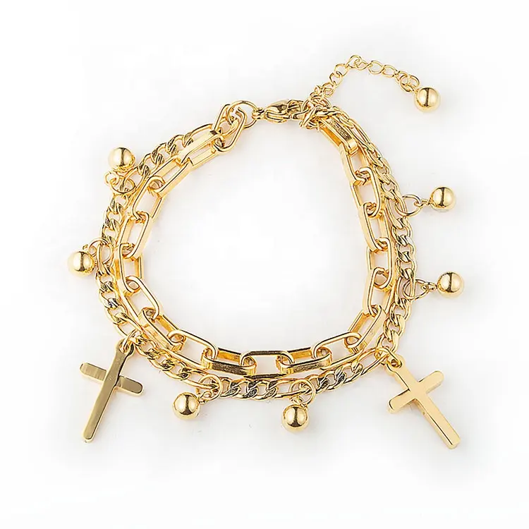 Promo Girls Charm Bracelet Waterproof Stainless Steel Gold Plated Chain Bracelet Wholesale Cross Bead Charms Lady Bracelets