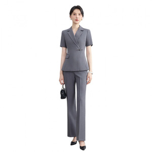 Women's Short Sleeve Suit Set Formal Wear Professional Workwear Anti-Wrinkle Polyester Spandex Blend Gray Navy Blue - Product Image 5