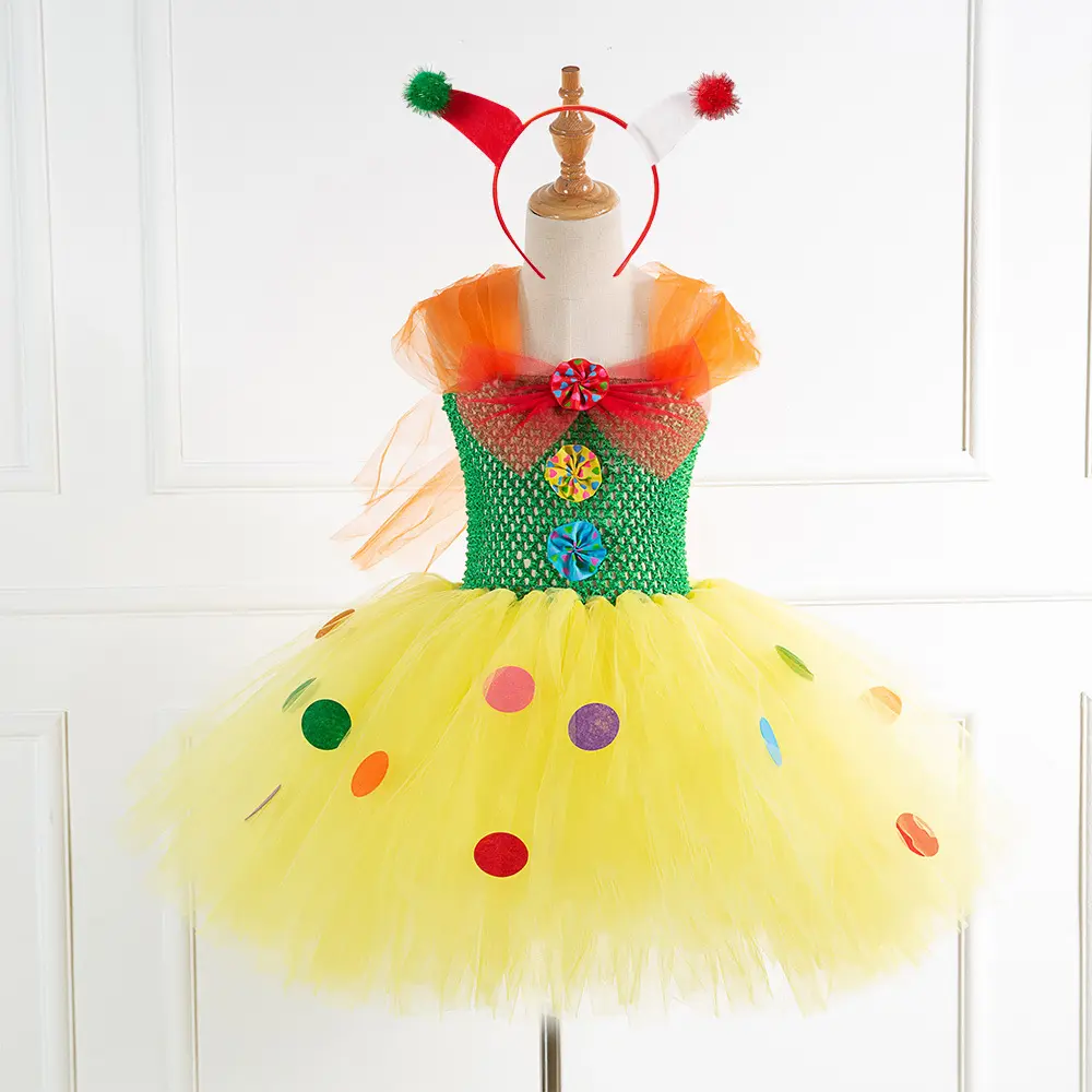 Kerst Kleine Cirkel Meisjes Prinses Baljurk Mesh Mouwloze Clown Cosplay Jurk Carnaval Verjaardagsfeest Kleding