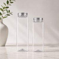Bouteille carrée en PET de 500 ml et 600 ml avec bouchon à vis en aluminium de 42 mm pour boissons, jus, thé, eau et emballages de produits chimiques quotidiens (réutilisable)