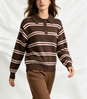 Pull en tricot rayé de style preppy pour femmes, col polo, manches longues, boutons