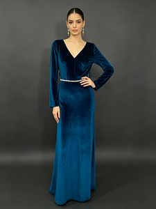 Robe longue en velours SWEET BABE, col en V profond, manches longues, ceinture à perles, élégante, pour soirée, robe de cérémonie pour femmes - Product Image 2