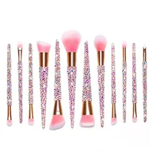 YRX A094 Beautiful Bling 12pcs Luxury Aurora Diamond Cosmetic Brush Handmade Rhinestone Eyeshader Pink Makeup Brush