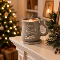 Mug à café en céramique Homey OEM 450 ml, 6 couleurs, gris chaud brillant, imprimé chat endormi, avec poignée en forme de boule, sans BPA, pour les amateurs de café