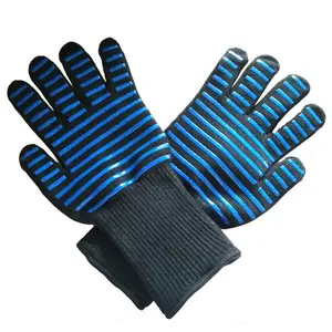 blue silicone stripe heat resistant outdoor barbeque grilling oven baking kitchen cooking fireproof gloves