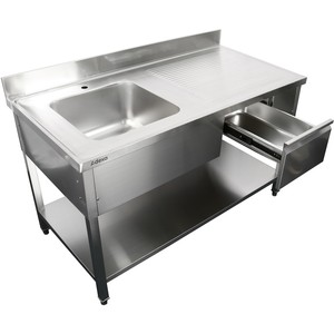Évier de préparation autoportant pour <span class=keywords><strong>restaurant</strong></span> - Évier simple en acier inoxydable avec égouttoir, tiroir de rangement et étagère pour la restauration hôtelière - Product Image 1