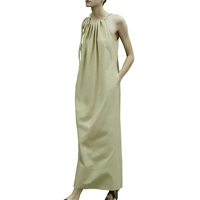 Women's 2023 summer new cool feeling French holiday sleeveless pleated drawstring elegant long dress