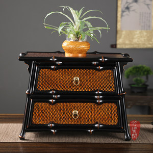 Bamboo Woven Tea Cabinet Lacquered Double Drawer Chinese Style Storage Box <b>Tabletop</b> Tea Set Organizer - Product Image 3