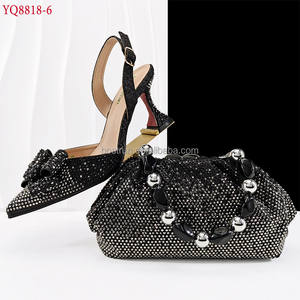 YQ8818 femmes talons moyens chaussures et ensembles de sacs compensés chaussures à bout fermé et ensemble de sacs avec strass et décor de pierre pour les fêtes - Product Image 1
