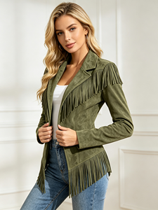 Chaqueta de Mujer Estilo Blazer con Flecos de Gamuza Beige, Estilo Bohemio Occidental, con Botones al Frente, Ropa de Invierno, OEM ODM - Product Image 2