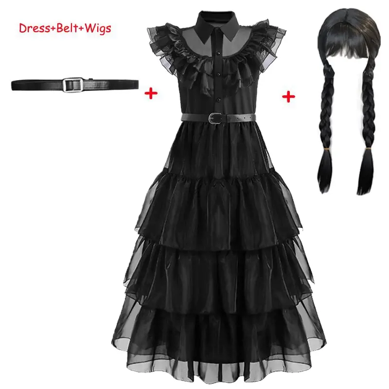 Halloween Vintage Black Gothic Children Fancy Kids Easter Carnival Wednesday Addams Cosplay Costume for Girls Dress