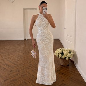 Vestido de Noche Largo de Lujo con Espalda Descubierta, Cuello Halter de Encaje, Silueta Lápiz, Cintura Natural, sin Mangas, para Fiesta, para Mujer - Product Image 6