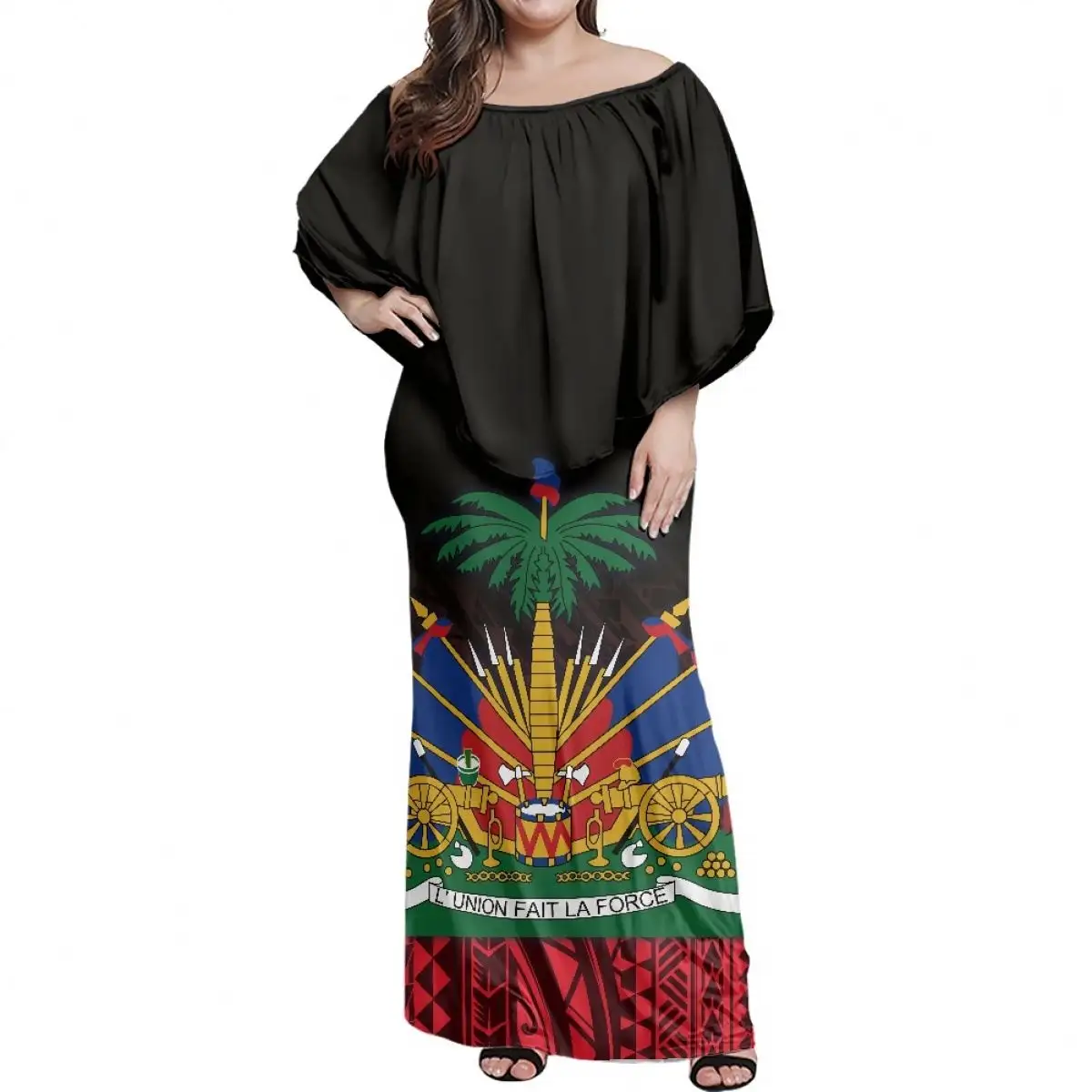 ベストセラーハイチ国旗ノースリーブカジュアルドレスゆるい夏服女性エレガントなオフショルダーイブニングパーティーウエディングドレス