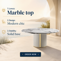 Table à manger de luxe en marbre blanc avec piétement cannelé, table ronde moderne italienne pour villa, incrustation en métal doré
