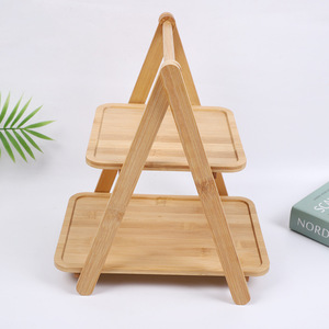 Bamboo Double Layer <b>Shelf</b> Storage <b>Rack</b> For Fruit Cake Display Standing Type Rectangle Solid Color - Product Image 3