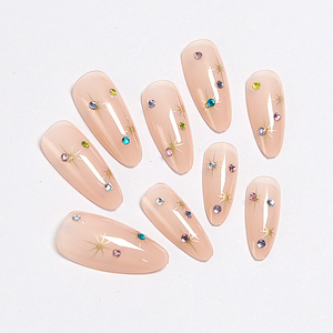 Lot <span class=keywords><strong>de</strong></span> 24 <span class=keywords><strong>faux</strong></span> ongles amande à presser, couleur nude, avec strass colorés et motif étoile, réutilisables en ABS, avec colle, pour femmes, style Y2K - Vente chaude - Product Image 1