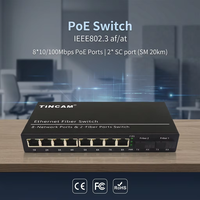 Convertidor de Medios con Switch POE TiNCAM 10/100Mbps, 8 Puertos PoE, 2 Puertos de Fibra SC SM Simplex 20km, IEEE802.3AT/AF para Cámaras IP CCTV