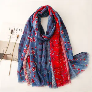 New style soft Bali yarn cotton and linen scarf red blue small floral travel sunscreen shawl cotton scarf women