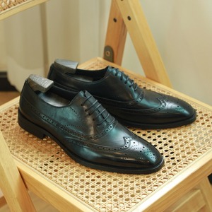 Zapatos Oxford Brogue Negros con Punta Cuadrada, de Cuero de Grano Completo, con Cordones, Transpirables, Antideslizantes, Ligeros, con Diseño de Parches, para Oficina y Vestir - Product Image 1