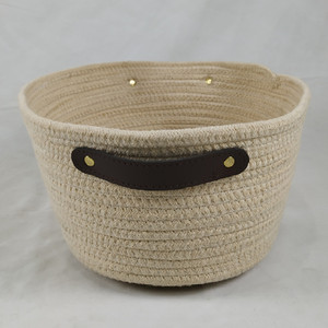 Panier tissé avec poignée en <span class=keywords><strong>cuir</strong></span>, corde de coton de forme ovale, pas cher, vente en gros, - Product Image 2