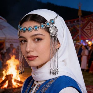 Cadena para la frente estilo étnico con microturquesa de imitación kazaja, borla de plata antigua, accesorio para el cabello, Xinjiang <span class=keywords><strong>Kashgar</strong></span> Travel - Product Image 2
