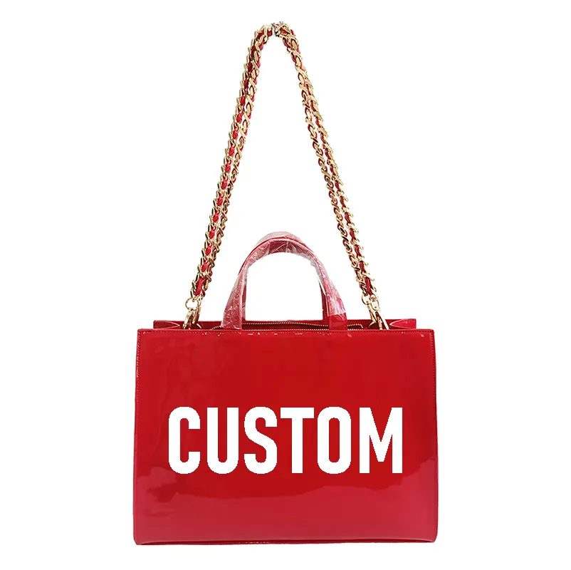 Bolsa grande de PU com logotipo personalizado para mulheres, bolsa de mão em couro vermelho com patente, bolsa de ombro brilhante para mulheres