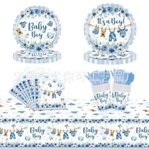 Juego de Vajilla Desechable con Temática de Mezclilla Azul para Fiesta de Bebé, Platos, Servilletas, Vasos, Cubiertos - Product Image 1