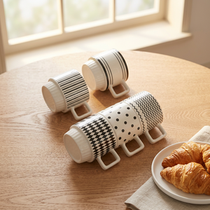 Tasses à boire en céramique et porcelaine géométriques noires et blanches, esthétiques et soigneusement sélectionnées, résistantes aux hautes températures et compatibles lave-vaisselle - Product Image 4