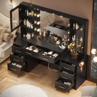 Coiffeuse intelligente noire de 58,3 pouces avec miroir éclairé, 3 modes, 8 tiroirs, 2 armoires de rangement et station de charge