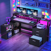 Bureau d'ordinateur d'angle en forme de L avec éclairage LED et prises électriques, 3 tiroirs et un classeur pour le bureau ou la maison