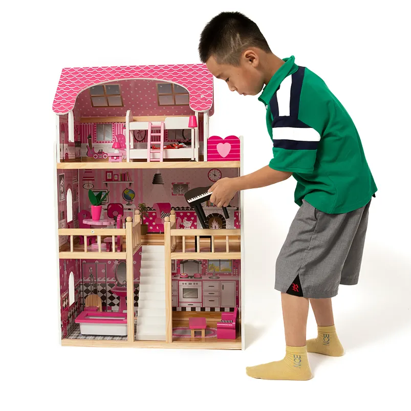 Children pretend play wooden delicate doll house furniture set toys