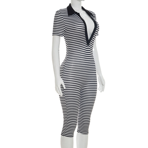 Viviblook D26JP197 Combinaison décontractée d'été pour femme, imprimé rayé, col rabattu, manches courtes, combinaison une pièce - Product Image 4