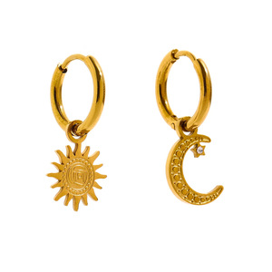 Pendientes de Aro con Dijes de Sol, Luna y Estrella, en Acero Inoxidable con Baño de Oro PVD de 18k, Resistentes al Agua, Modernos, para Mujer - Product Image 2
