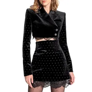 Fashion Mature Style Polka Dot Lapel Women Ladies Two-piece Blazer Short Skirt Suit Velvet Dress